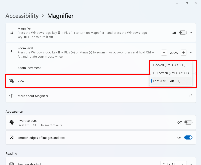 Use the View drop-down menu to change the Magnifier view